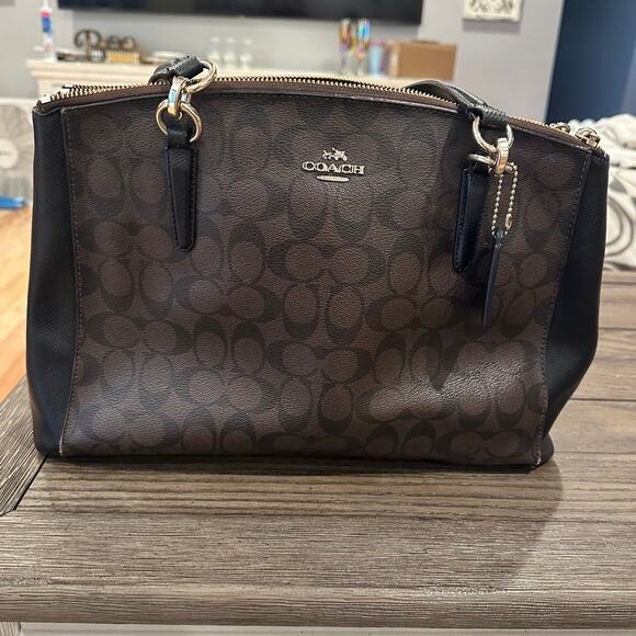 Authentic Coach Black Brown Logo Carry All Handbag Excellent Condition - Picture 1 of 7